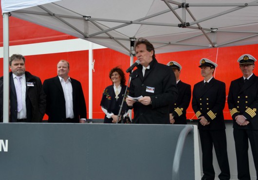 Welcoming the guests (left to right) Ivar Slettevol (Managing Director Sanco Shipping), Atle Jacobsen (CEO Dolphin Geophysical), Lady Sponsor and the Captains.