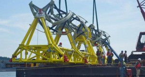 ORPC's TidGen TGU featuring turbines manufactured by Hall Spars being readied for installation in Cobscook Bay, Maine on August 14, 2012.  Photo courtesy of ORPC.