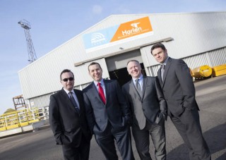 From left, David MacKay, chief executive officer PD&MS Bruce Gill, managing director at Harlen Fabrication, Ken Pearce construction director, Simon Rio, managing director PD&MS,