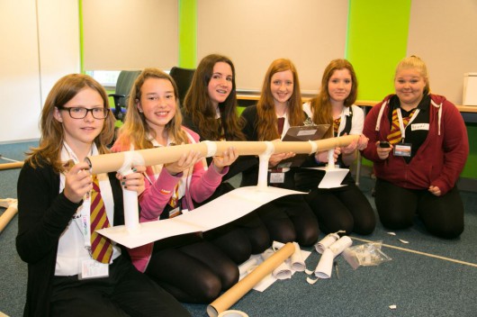 Eilidh Walker, Sophie Conroy, Lucy Smith, Kirsty Macfarlane, Fiona Shanks, Trudi Robertson from Montrose Academy show off the results of some great teamwork during the XT Flow challenge