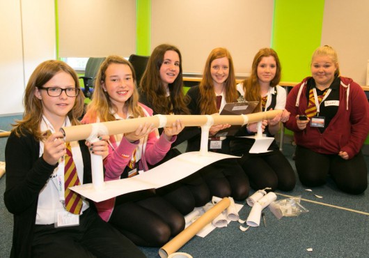 Eilidh Walker, Sophie Conroy, Lucy Smith, Kirsty Macfarlane, Fiona Shanks, Trudi Robertson from Montrose Academy show off the results of some great teamwork during the XT Flow challenge