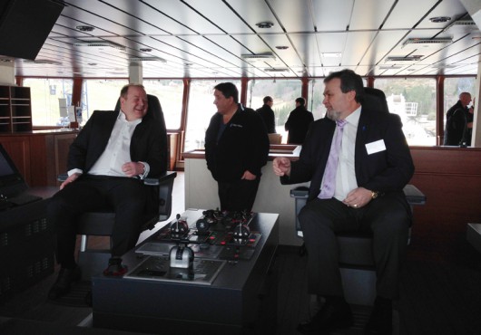 Atle Jacobsen (CEO Dolphin Geophysical) & Ivar Slettevol (Managing Director Sanco Shipping) in the captains seats.