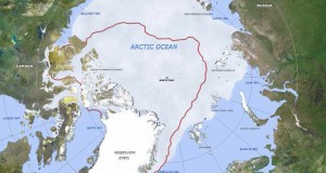 This graphic compares the 30-year sea ice minimum average with the 2012 historical minimum, inside the red line. (United States Navy graphic)
