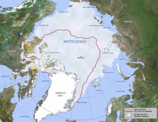 This graphic compares the 30-year sea ice minimum average with the 2012 historical minimum, inside the red line. (United States Navy graphic)