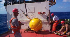 Deploying the top of a mooring with subsurface steel buoyancy and current meter