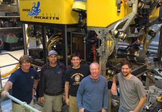 ROV pilots in front of Doc Ricketts, from left, Randy Prickett, Mark Talkovic, Ben Erwin, Knute Brekke, Bryan Schaefer.